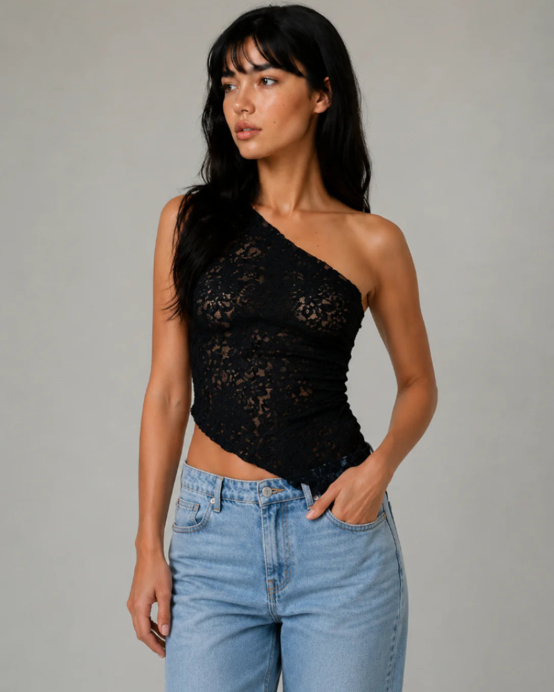 Corinne Top de Encaje para Mujer – Top Asimétrico de Un Hombro con Corte Ajustado Elegante