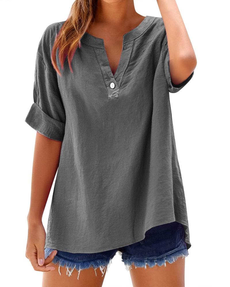 Emma Bluse Damen Sommer – Leinen Baumwolle V-Ausschnitt Oversize mit Knöpfen