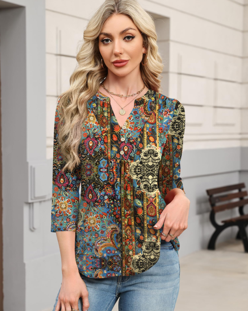 Hailey Chemisier Bohemia Mujer – Blusa con Cuello en V Plisada y Mangas 3/4