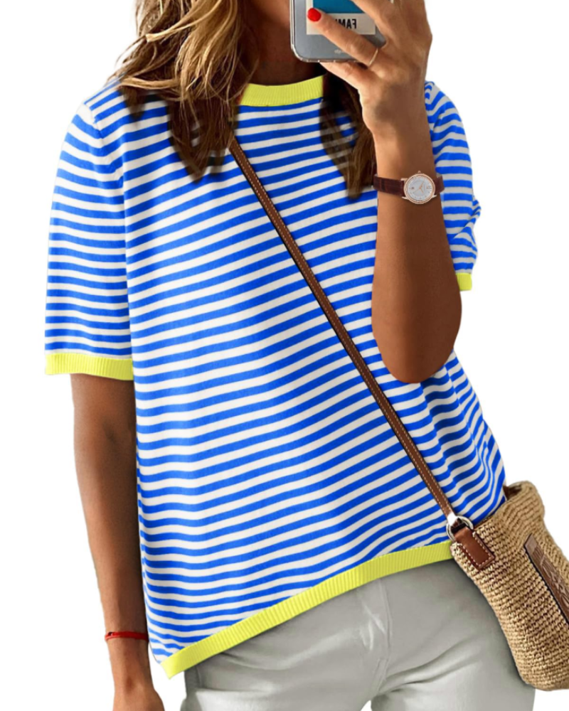 Charlotte Haut Maille Rayé Femme – T-Shirt Col Rond Léger à Manches Courtes