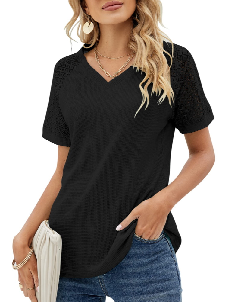 Lace Women's T-Shirt – High Round Neck, Short Sleeves, Loose Fit, Elegant Style