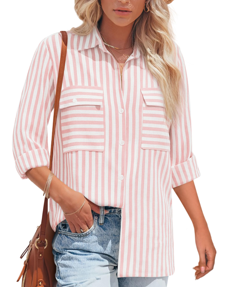 Mila Blouse Femme – Rayée Coton Col V Boutonnée Manches Longues