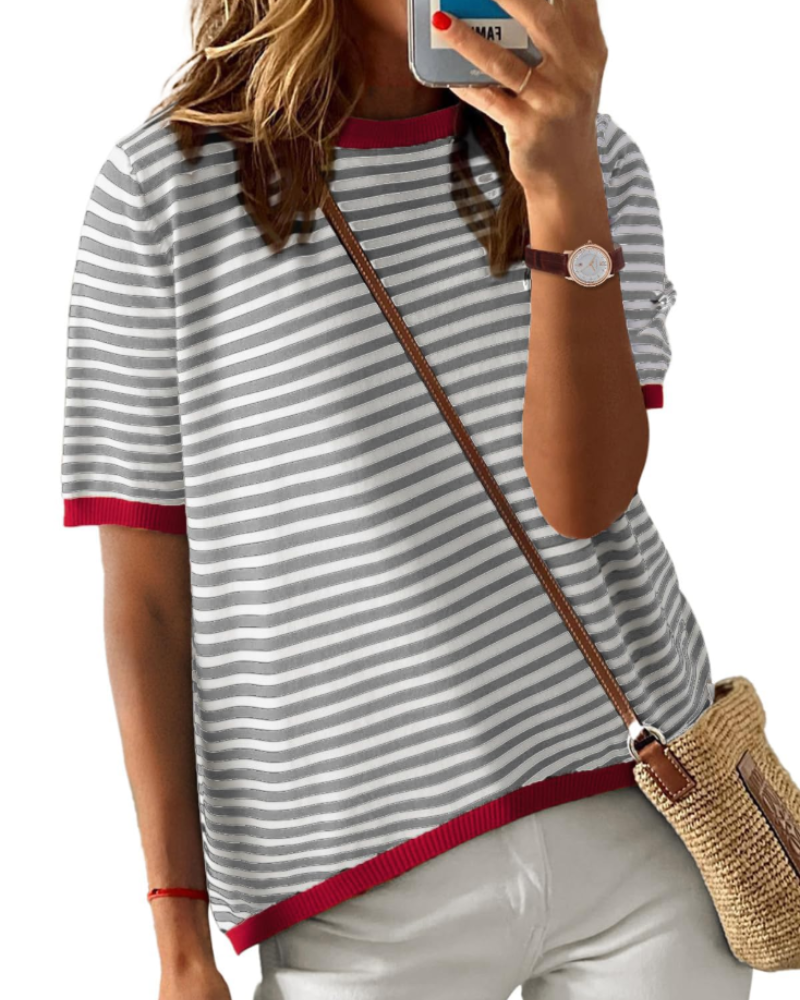 Charlotte Haut Maille Rayé Femme – T-Shirt Col Rond Léger à Manches Courtes