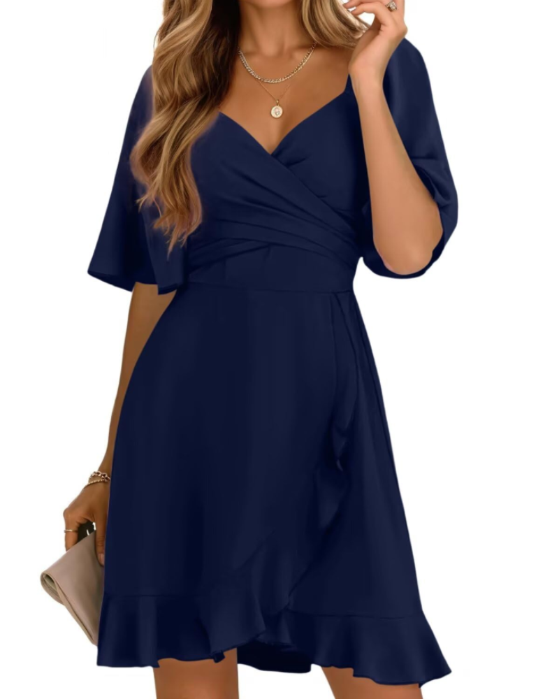 Lysiane Women’s Wrap Dress – Short V-Neck Dress with Smocked Waist and Ruffles