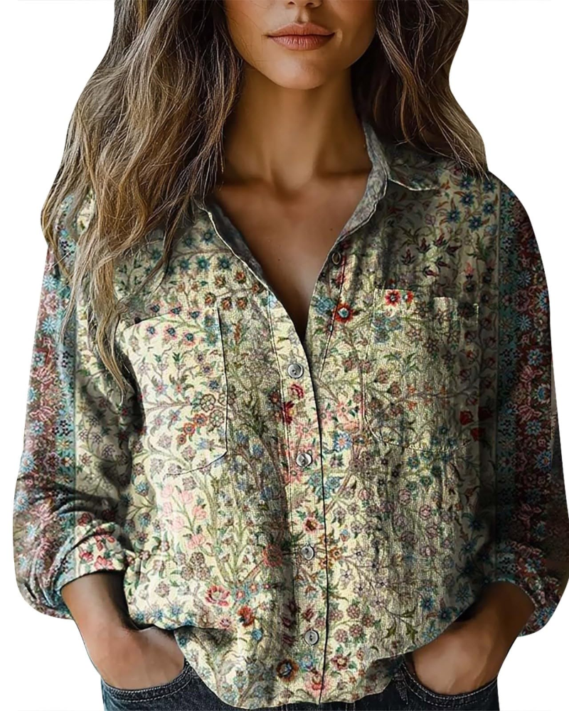 Amelia Blouse Femme Été – Lin Fleuri Col V Boutonnée Manches Longues