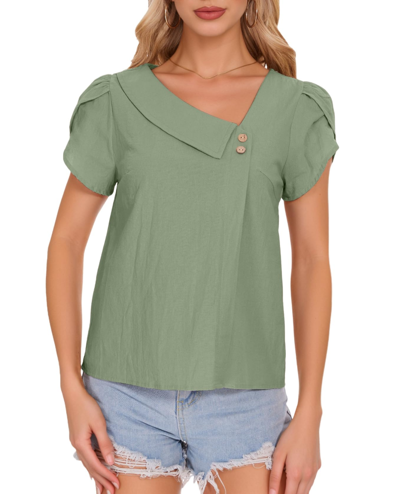 Lily Blouse Femme Été – Coton Col V Manches Pétales Boutonnée