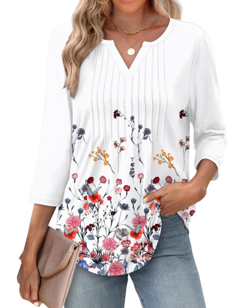 Camille Chemisier Femme Col V – Blouse Plissée à Manches 3/4 Élégante