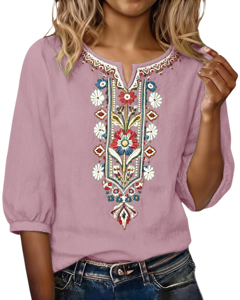 Sarah Blouse Femme Été – Lin Coton Broderie Florale Col V