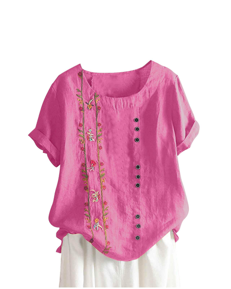 Amelia Chemisier Dámská lněná – Květinová halenka z bavlny a lnu s krátkými rukávy