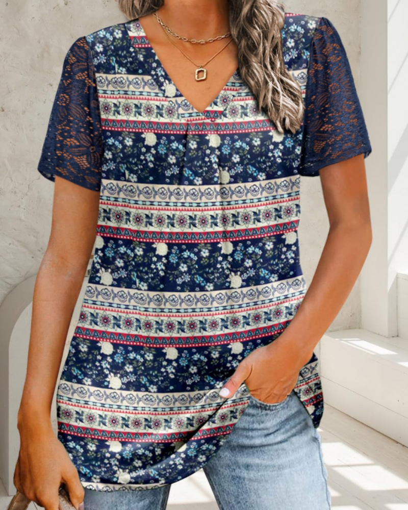 Fenna Women's Lace Shirt – Elegant V-Neck Short Sleeve Blouse