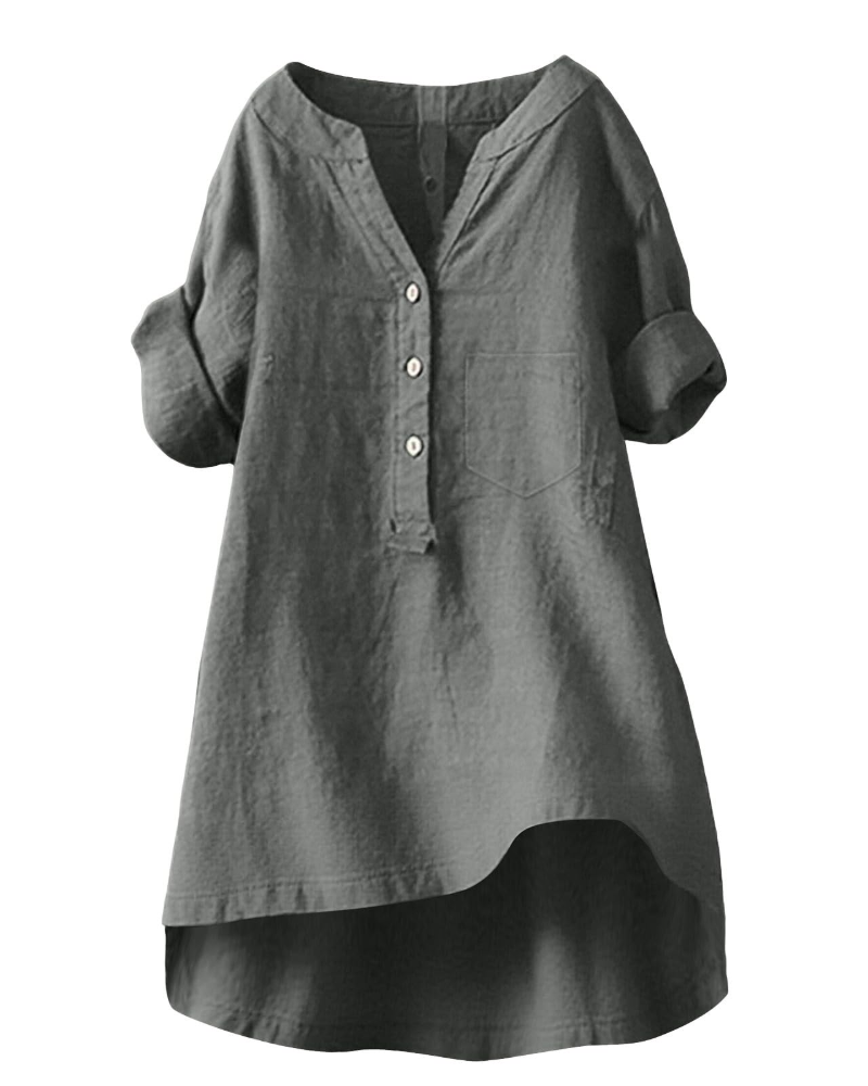 Esla Blouse Femme Été – Lin Coton Col V Boutonnée Grande Taille