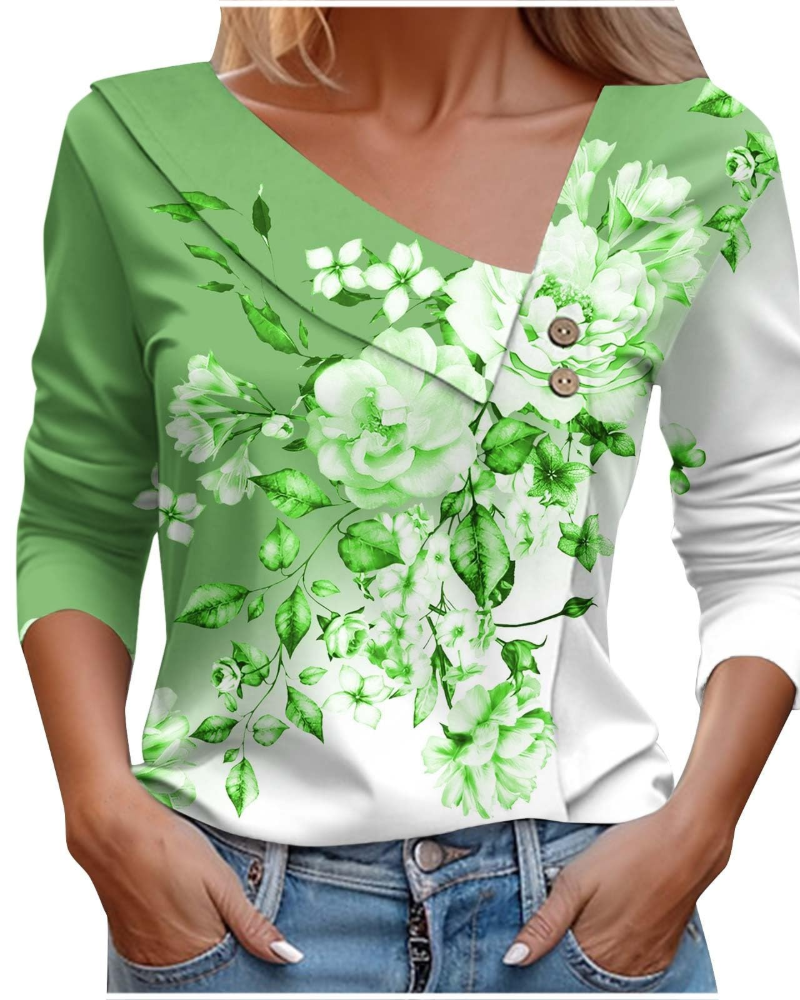 Emily T-Shirt Femme Été – Col V Imprimé Manches Longues Léger