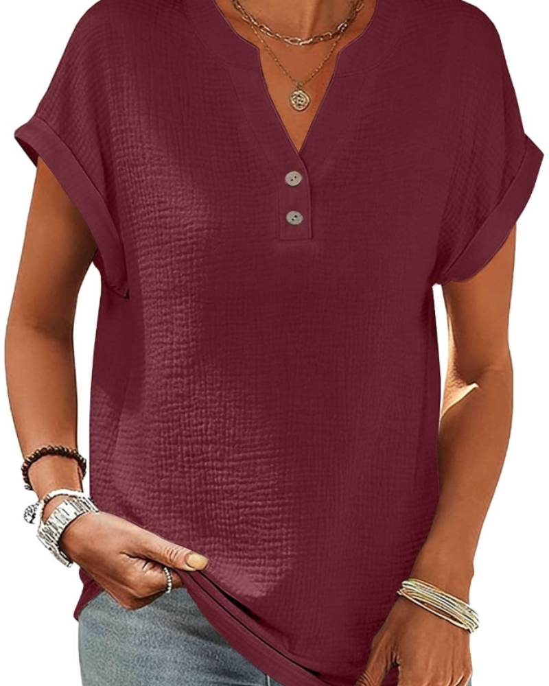 Olivia Blouse Femme Été – Lin Coton Col V Boutonnée Manches Courtes