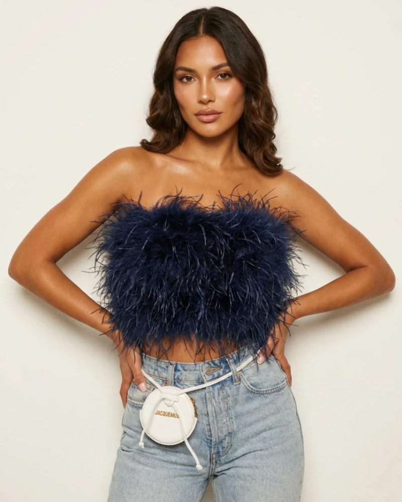 Calista női top – Pánt nélküli tollas bandeau top, elegáns szabás estélyekre