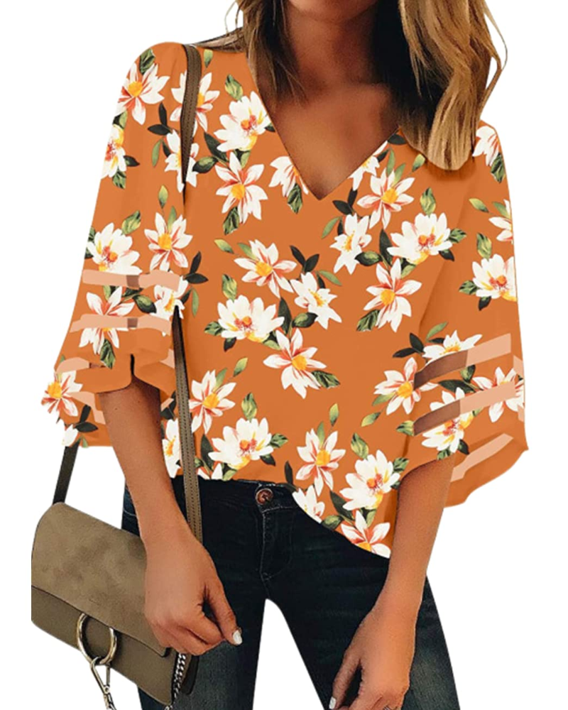 Ghia Damen Sommerbluse – V-Ausschnitt, Glockenärmel 3/4, Eleganter Strick