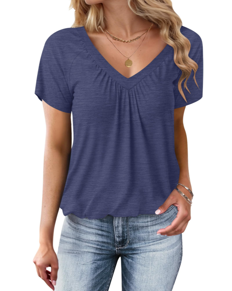 Lana Damen T-Shirt Sommer – V-Ausschnitt Kurzarm Ballsaum