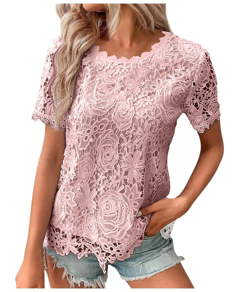 Sophie Blouse Femme Été – Dentelle Col Rond Manches Volantées