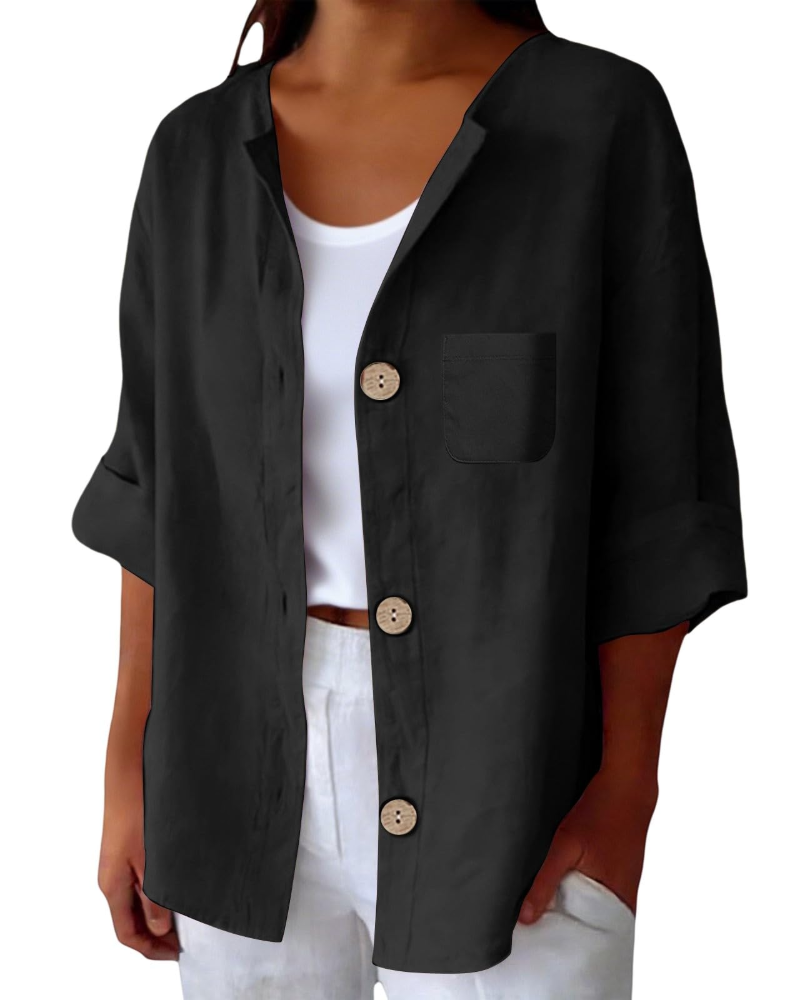 Claire Blouse Femme – Lin Col Rond Manches 3/4 Boutonnée & Poche