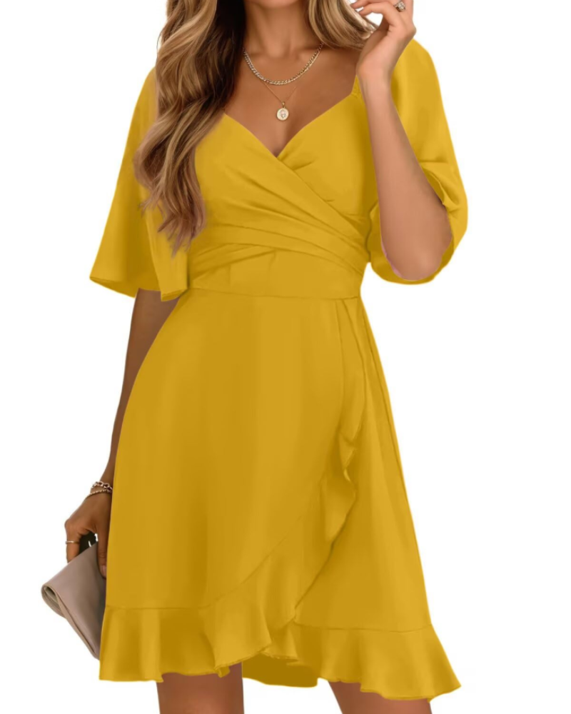 Lysiane Women’s Wrap Dress – Short V-Neck Dress with Smocked Waist and Ruffles