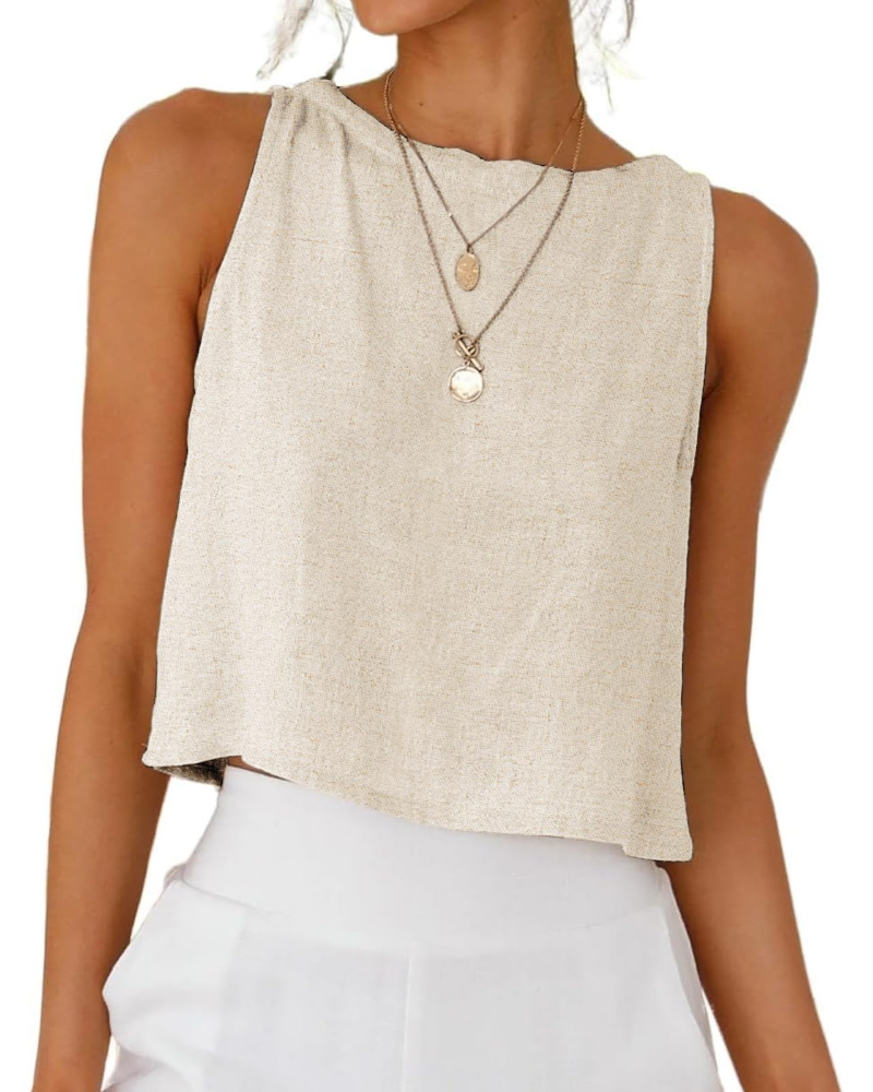 Sienna Top Femme en Lin – Blouse Courte Sans Manches avec Boutons Dos Élégants