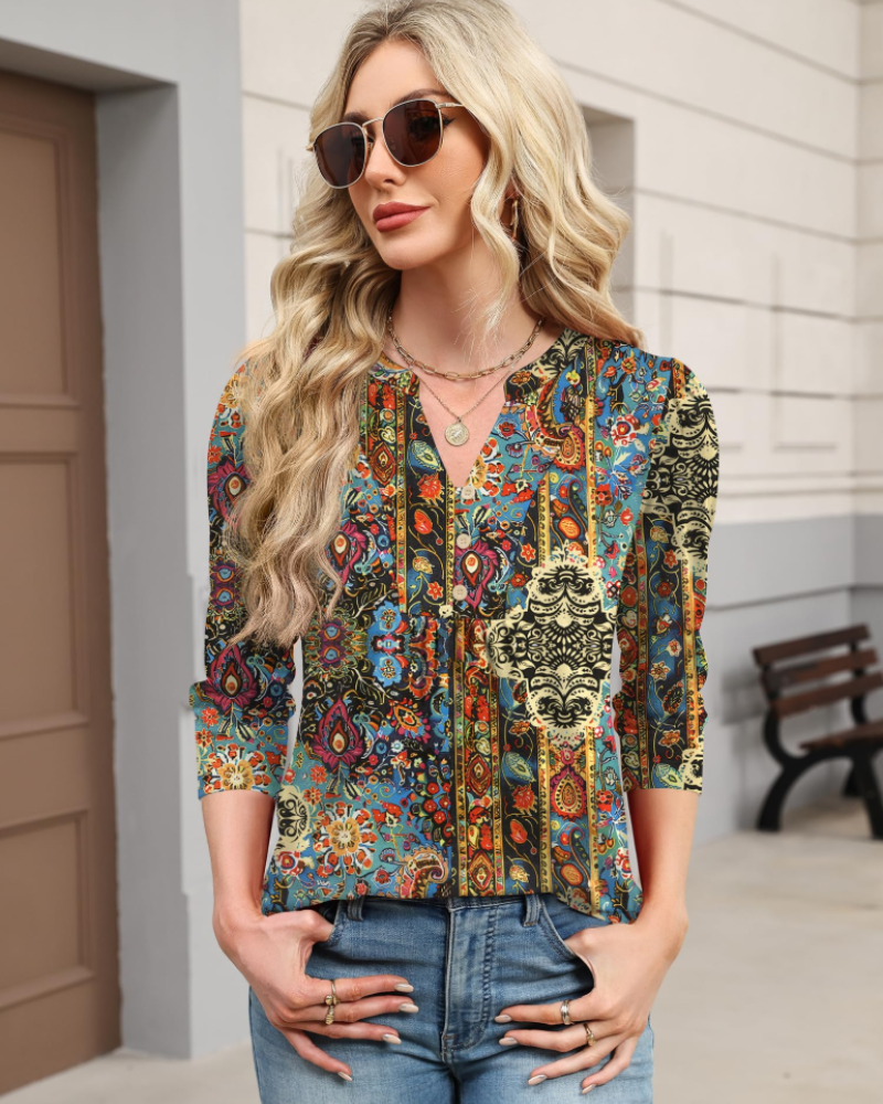 Hailey Chemisier Bohemia Mujer – Blusa con Cuello en V Plisada y Mangas 3/4