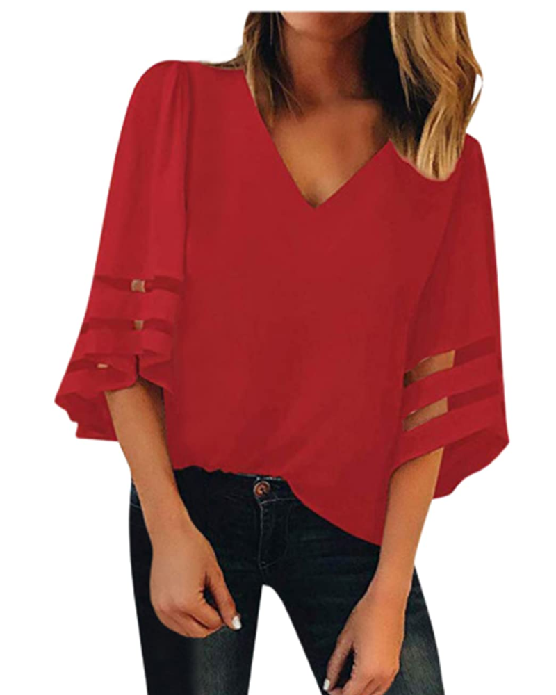 Ghia Damen Sommerbluse – V-Ausschnitt, Glockenärmel 3/4, Eleganter Strick