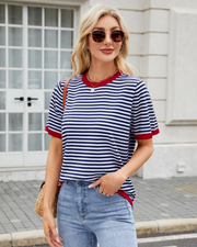 Charlotte Haut Maille Rayé Femme – T-Shirt Col Rond Léger à Manches Courtes