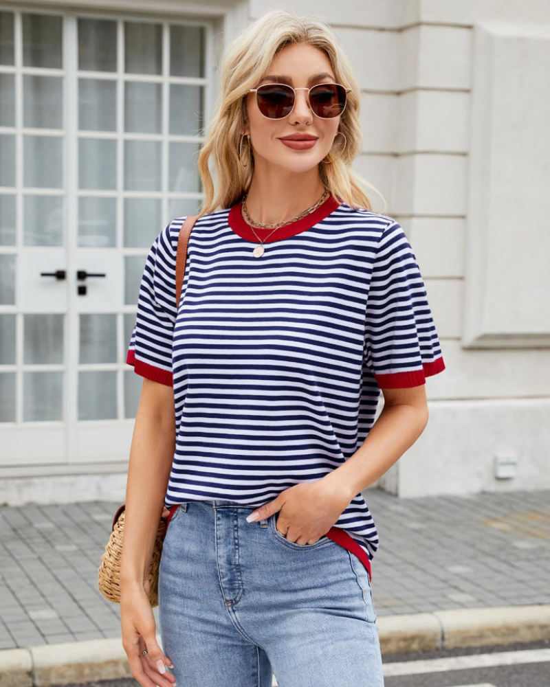 Charlotte Haut Maille Rayé Femme – T-Shirt Col Rond Léger à Manches Courtes