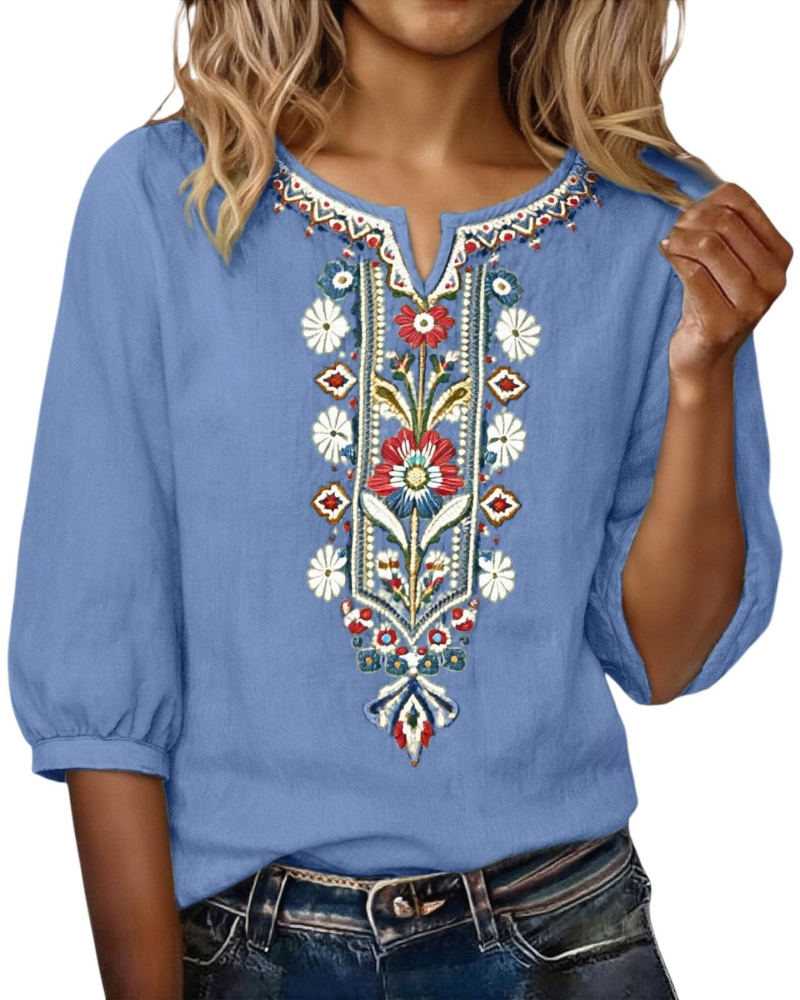 Sarah Blouse Femme Été – Lin Coton Broderie Florale Col V