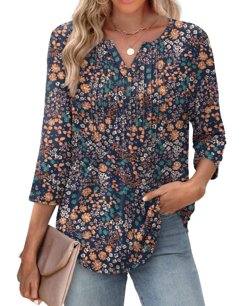 Camille Chemisier Femme Col V – Blouse Plissée à Manches 3/4 Élégante