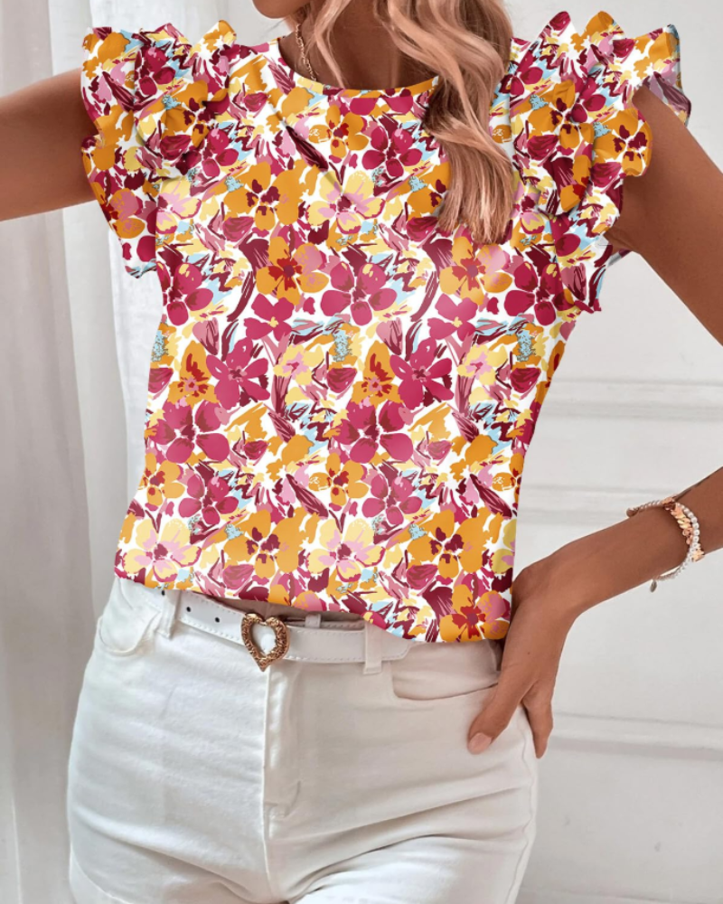 Lily Blouse Femme Bohème – Imprimé Floral Volants Manches Courtes