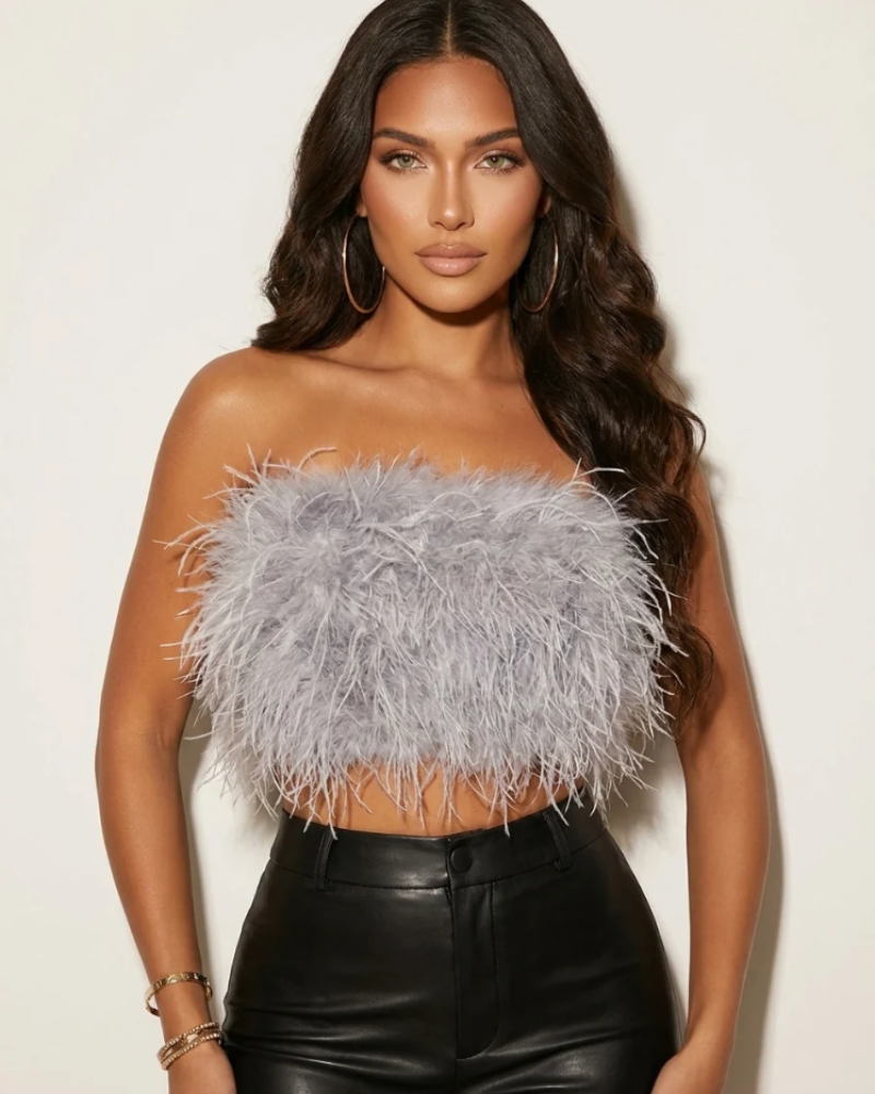 Calista női top – Pánt nélküli tollas bandeau top, elegáns szabás estélyekre