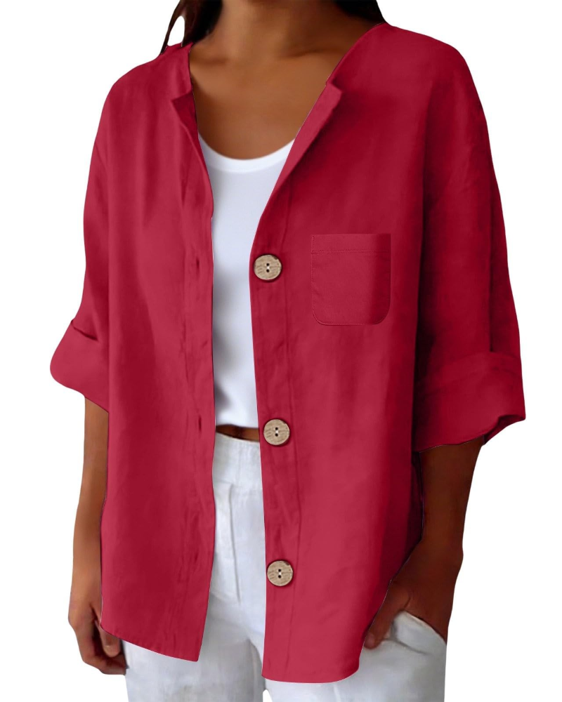 Claire Blouse Femme – Lin Col Rond Manches 3/4 Boutonnée & Poche