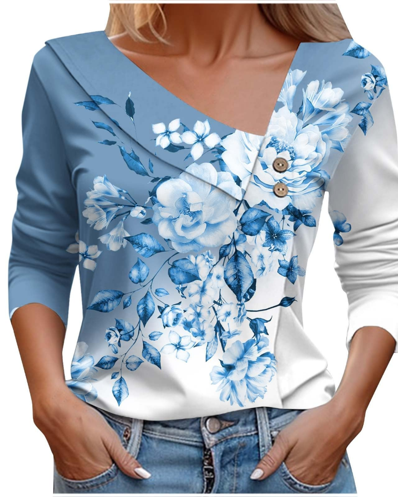 Emily T-Shirt Femme Été – Col V Imprimé Manches Longues Léger