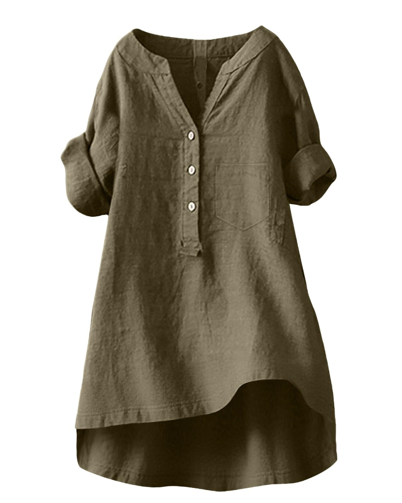 Esla Blouse Femme Été – Lin Coton Col V Boutonnée Grande Taille