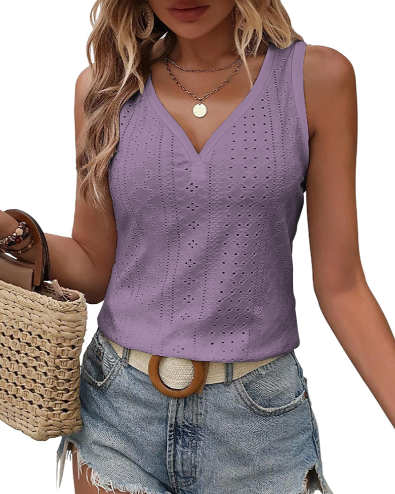 Claire Dames Topje met Borduursel – Mouwloos V-hals Elegant Geperforeerd voor de Zomer