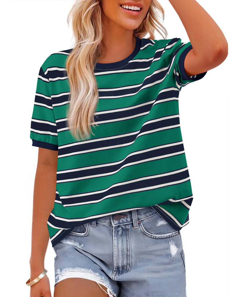 T-shirt Donna Aurora a Righe – Maglia Casual a Maniche Corte con Collo Rotondo e Color Block