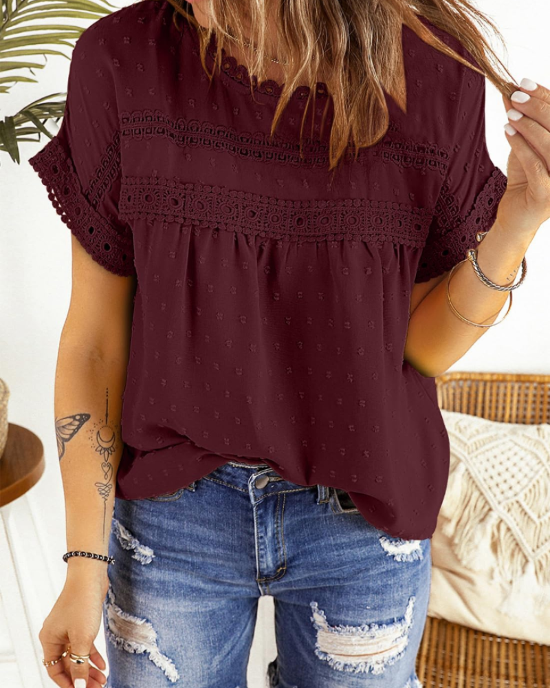 Chloe Blouse Femme Été – Dentelle Col Rond Coupe Ample Élégante