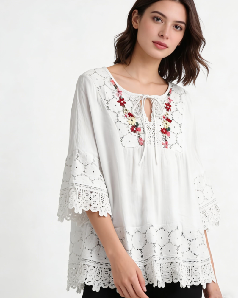 Delilah Chemisier Bohème Femme – Blouse Brodée Col V avec Dentelle et Manches Évasées