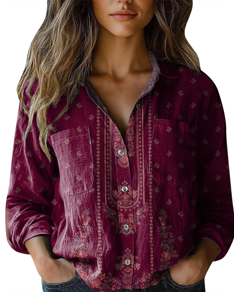 Amelia Blouse Femme Été – Lin Fleuri Col V Boutonnée Manches Longues