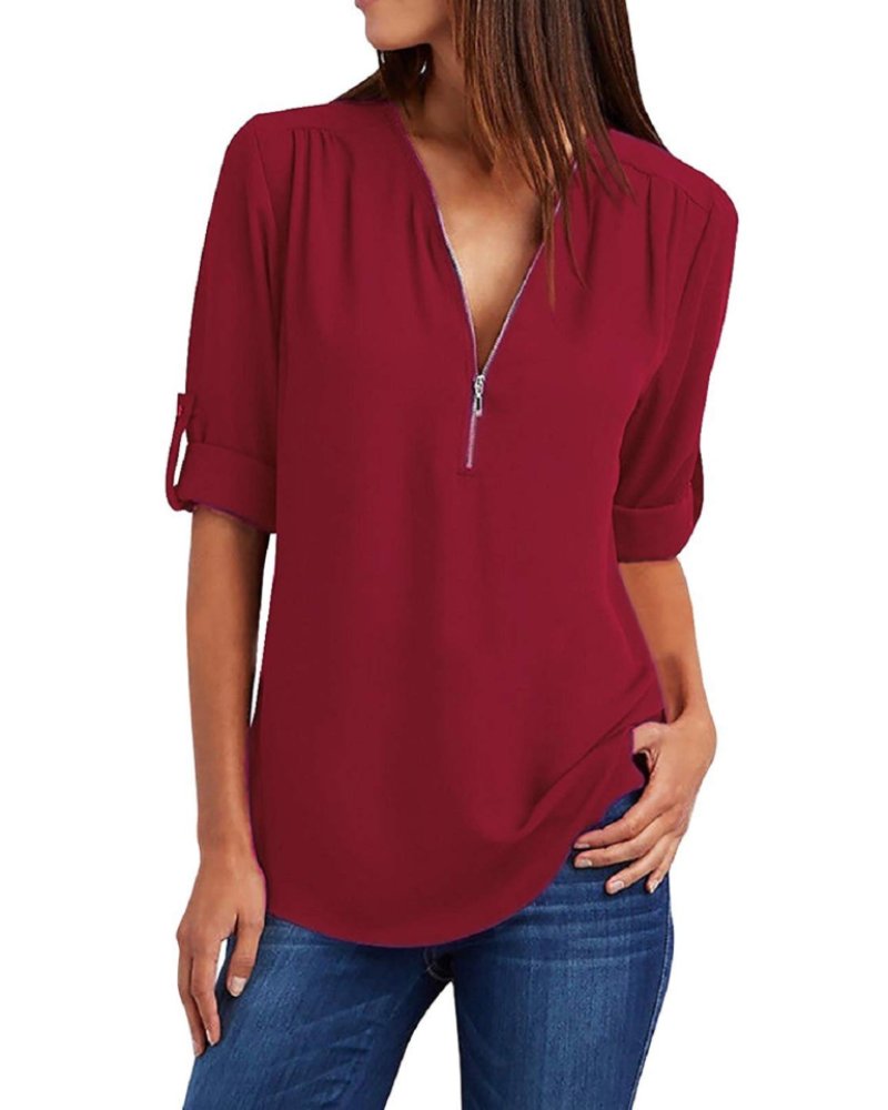 Sophil Women's Blouse – V-Neck Zip with Adjustable Sleeves Chiffon