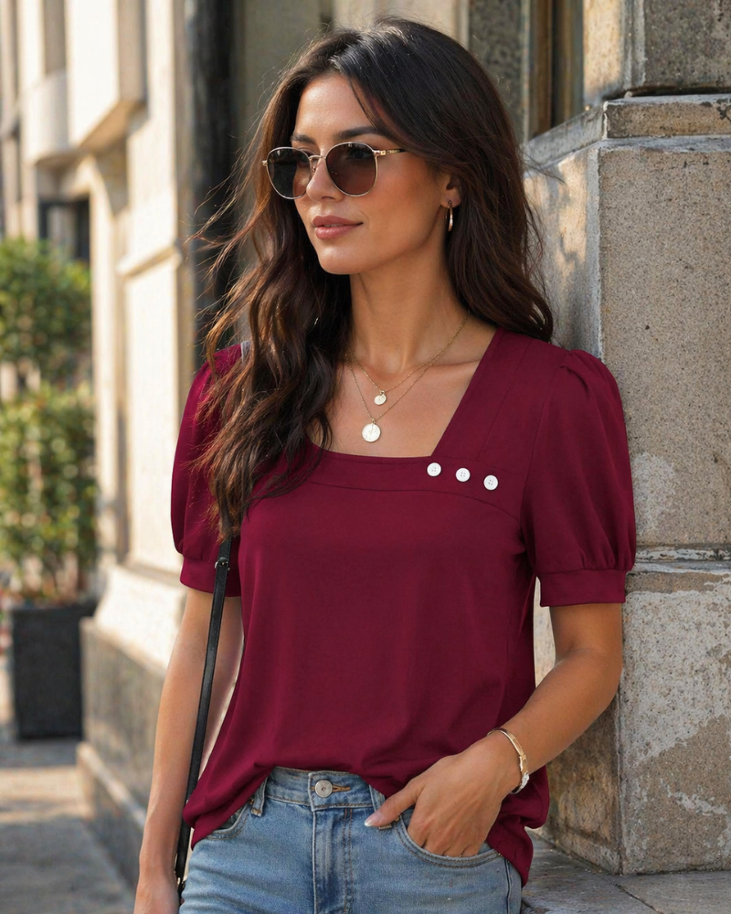 Samira top pre ženy – asymetrická blúzka so štvorcovým výstrihom a zapínaním na gombíky, elegantné krátke rukávy