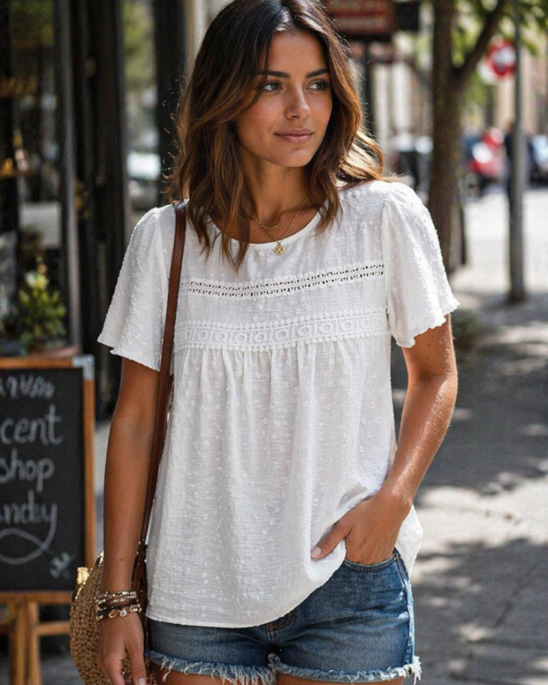 Bluzka Naira Damska – Boho Top z Muślinu z Koronką i Luźnym Krojem