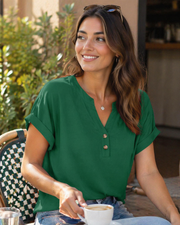 Manon Top Femme – Blouse Henley Col V Boutonné, Coupe Fluide Casual Chic Été