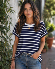 Zaria Top Femme – T-shirt Col Rond Casual Chic, Coupe Loose & Manches Courtes Été