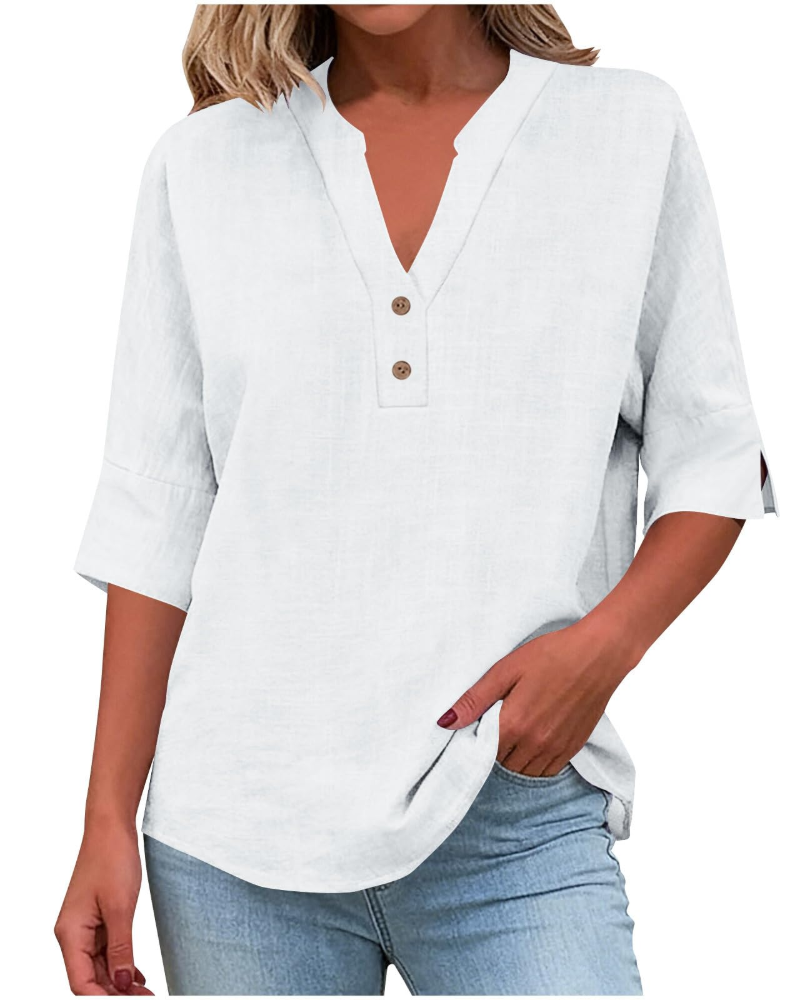 Blusa Fiona Donna Taglia Grande – Lino Collo a V con Bottoni Maniche Corte