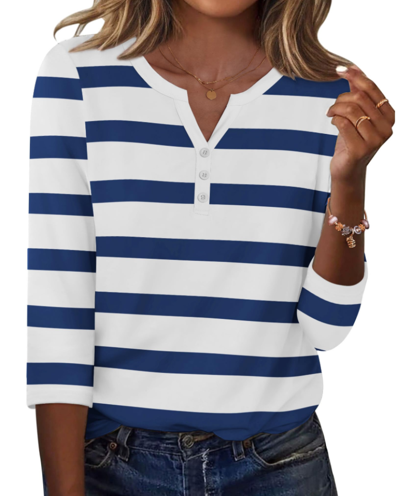 Valerie Bluse Damen Sommer – Satin V-Ausschnitt 3/4-Arm mit Knöpfen