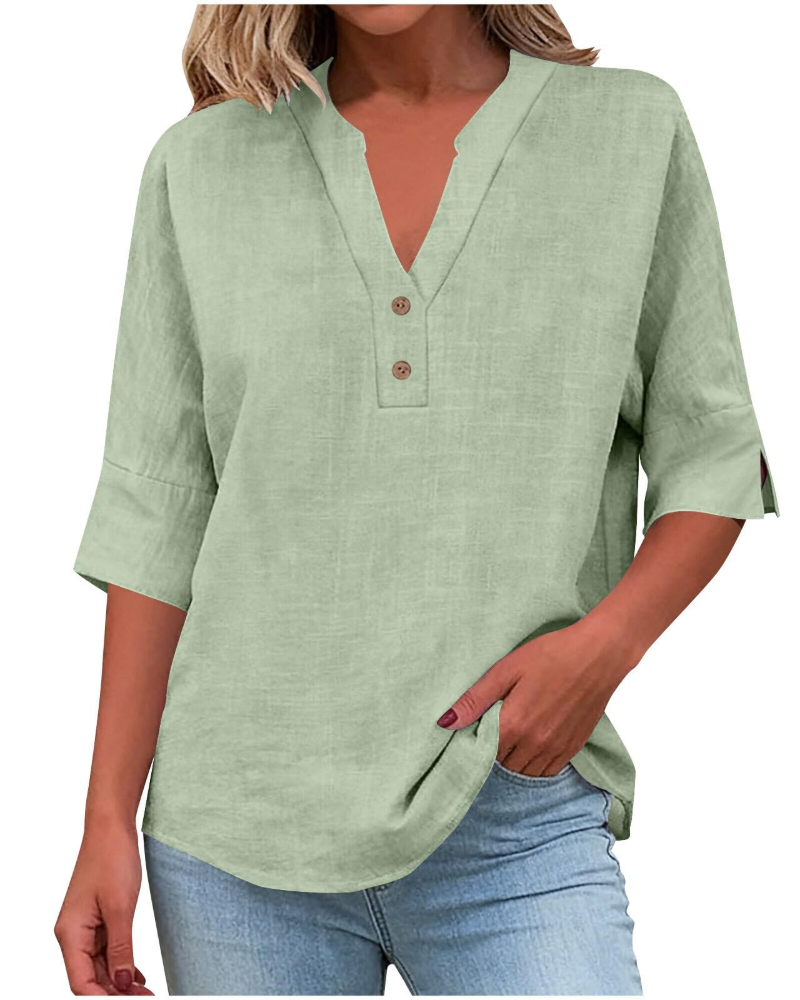 Blusa Fiona Donna Taglia Grande – Lino Collo a V con Bottoni Maniche Corte