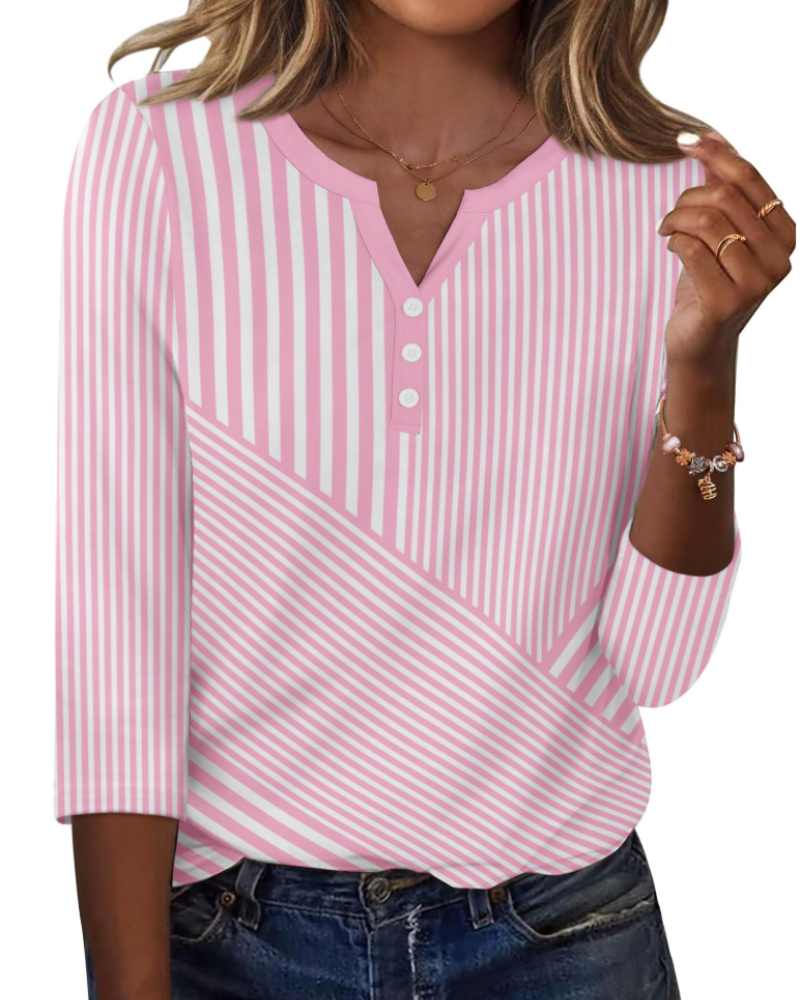 Valerie Bluse Damen Sommer – Satin V-Ausschnitt 3/4-Arm mit Knöpfen