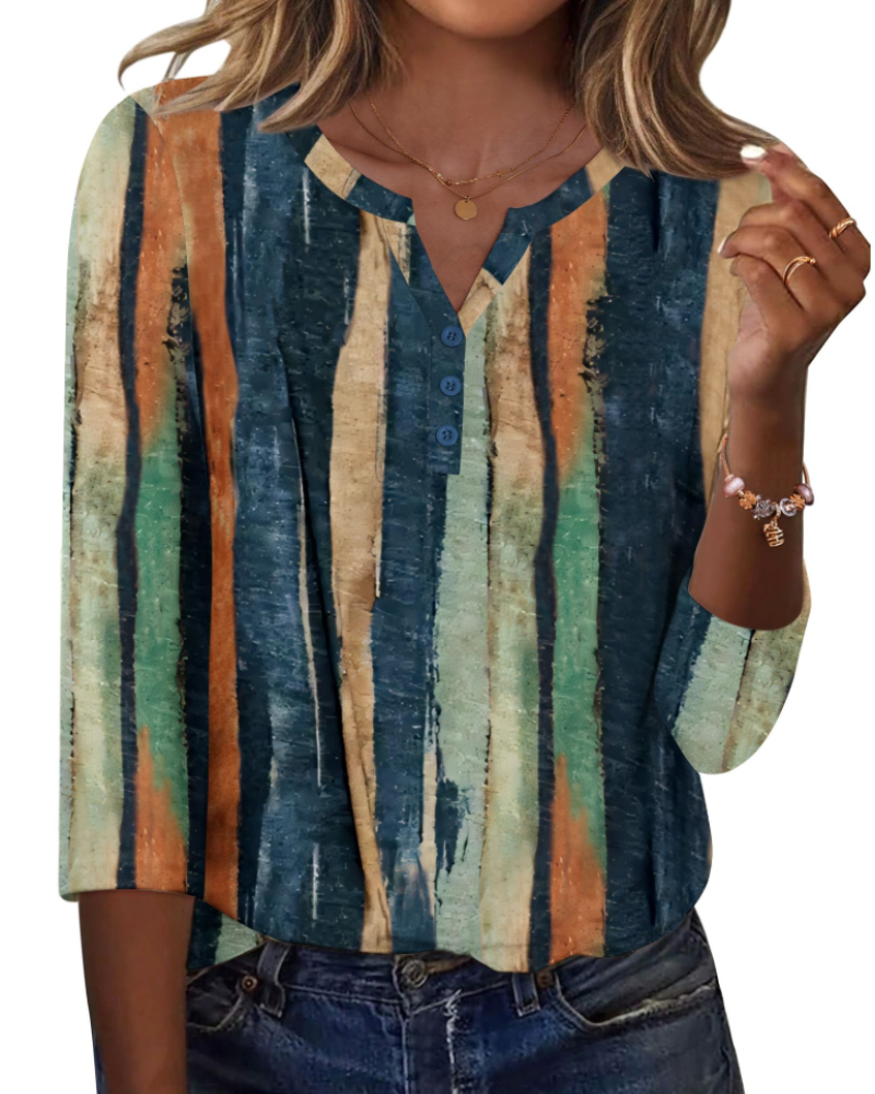 Valerie Bluse Damen Sommer – Satin V-Ausschnitt 3/4-Arm mit Knöpfen